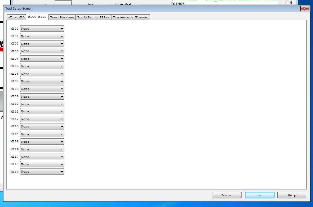 Tool Set-Up Screen - M100-M119