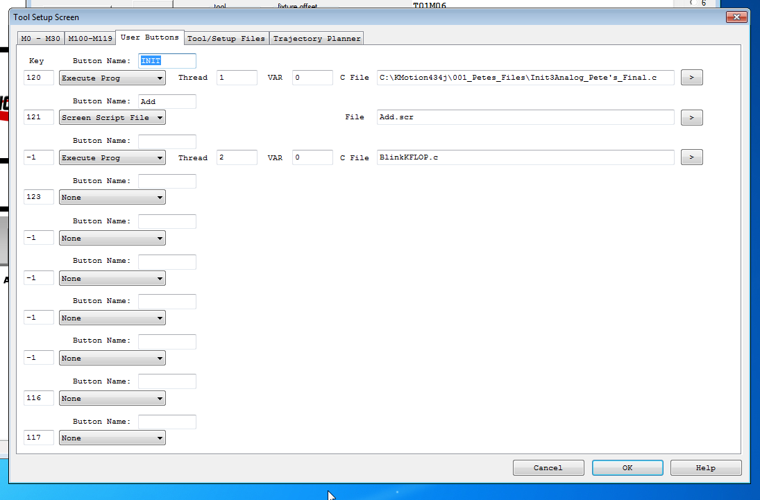 Tool Set-Up Screen - User Buttons
