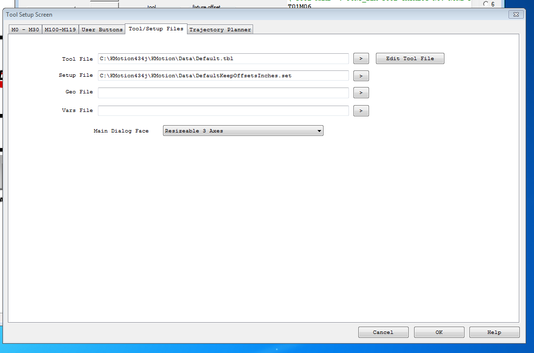 Tool Set-Up Screen - Tool/Setup Files.