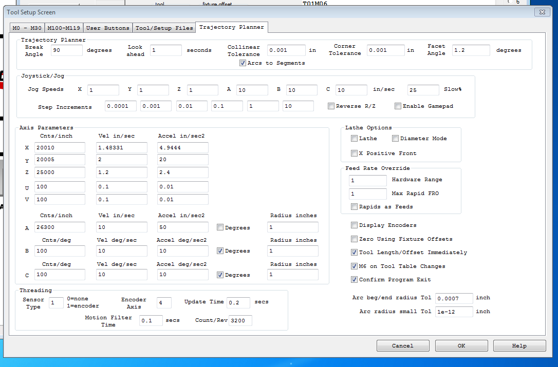 Tool Set-Up Screen - Trajectory Planner.